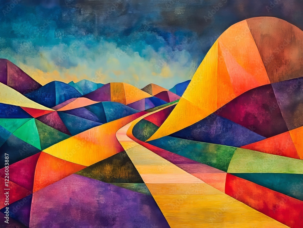Poster a colorful landscape composed of geometric hills and valleys, blending vibrant colors in a harmoniou
