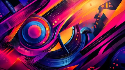 Obraz premium A bold and vivid abstraction featuring geometric shapes and neon colors arranged in dynamic patterns, showcasing modern artistry and vibrant energy in design.