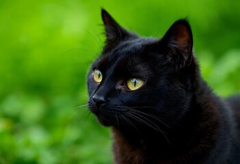 Black Cat with Green Eyes on a Green Background