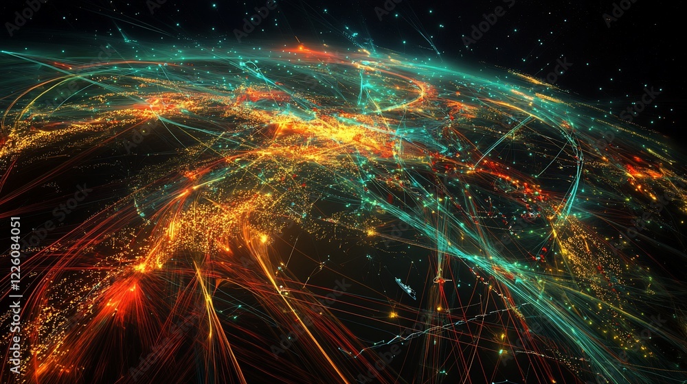 Poster abstract visualization of global network connections with vibrant glowing lines and dots over a dark