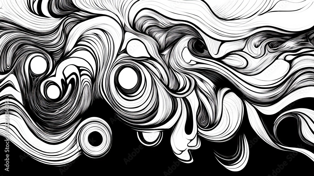 Poster an intricate black and white abstract piece featuring swirling patterns and circular designs, evokin