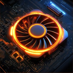 Close-up of a illuminated computer cooling fan on a circuit board.