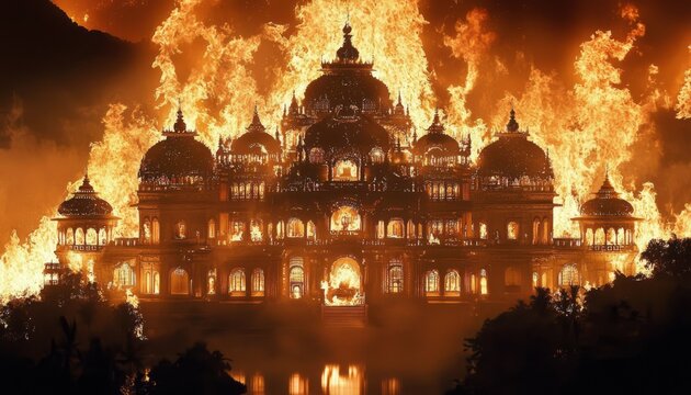 Fiery depiction of the legendary wax palace in ancient mythology.