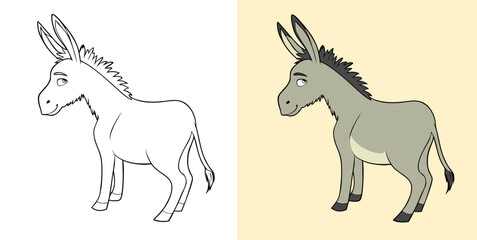 Side by Side Comparison of Donkey Illustration in Color and Outline Style