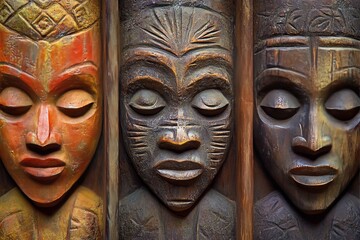 Three carved tribal faces with detailed textures display cultural richness, emphasizing tradition, craftsmanship, and artistic expression in a unique style.