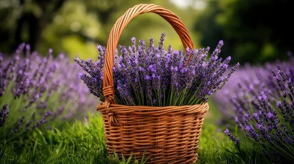 Beautiful wicker basket filled with fresh lavender flowers surrounded by a sprawling lavender field in a serene outdoor setting during golden hour.