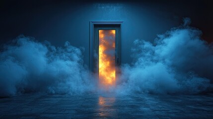 A fiery doorway shrouded in mysterious blue smoke