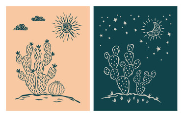 Desert contour illustration. Line landscape with sun, moon, cactus and succulents. Hand drawn in Boho style. Vector illustration.eps