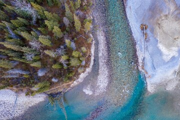 High-angle view of a crystal-clear Athabasca River flowing through a forest. Fallen trees line the riverbank. Nature's beauty. , Jasper National Park, Alberta, Canada
