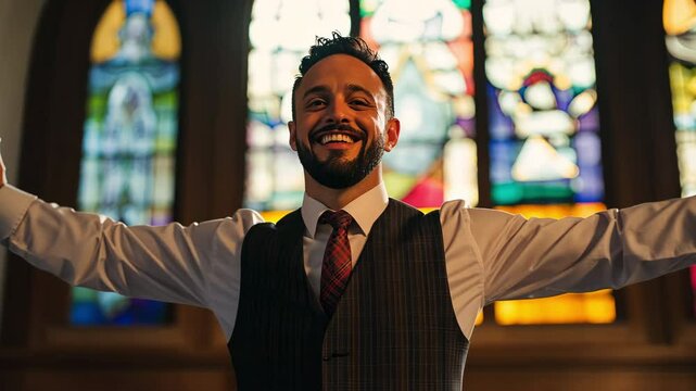 A gay preacher in a vest and tie spreads his arms wide in front of a grand stained glass window, delivering an engaging and inclusive sermon at an Evangelical Lutheran or Episcopal church.