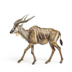 Obraz premium Striped antelope walking, side profile, white background.