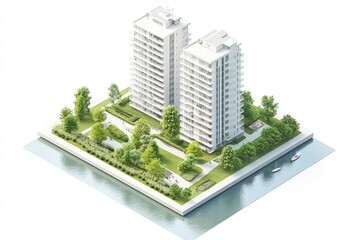 Modern Waterfront Apartment Complex Architectural Isometric Rendering.