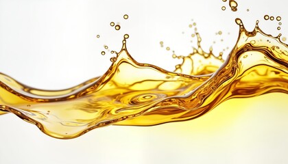 Golden liquid splashes, ripples on white background. Liquid texture highlighted. Detailed close up view of vibrant golden liquid. Abstract liquid art with dynamic golden splashes. Perfect image for