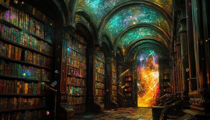 Obraz premium Journey through portals of knowledge and wonder in this colorful magical library.