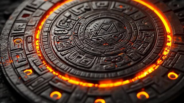 Ancient stone artifact with glowing orange accents in a dark setting