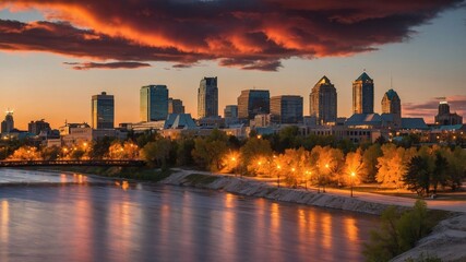 Charming view of Winnipeg's skyline reflecting the vibrant colors of sunset over the river with illuminated trees lining the waterfront