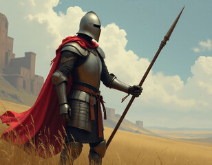 Knight With Spear Stands Strong Against Vast Desert Landscape
