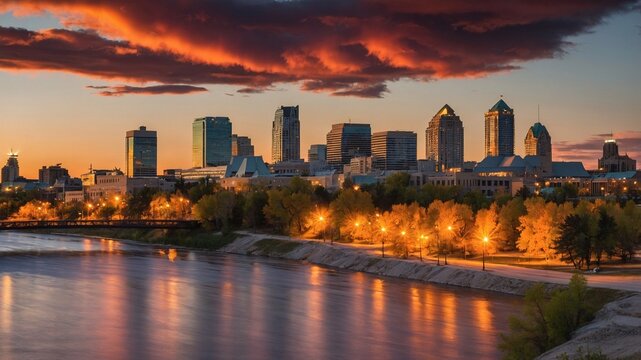 Charming view of Winnipeg's skyline reflecting the vibrant colors of sunset over the river with illuminated trees lining the waterfront