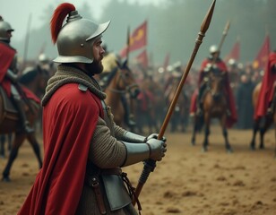 Medieval Warrior In Armor Holding A Spear Amidst Soldiers And Colorful Flags On A Battlefield.
