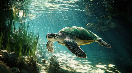Obraz premium Sea Turtle gliding through sunlit underwater world, exploring the ocean habitat in crystal clear water