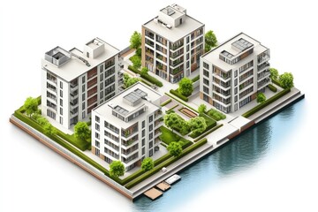 Modern Waterfront Apartment Complex Architectural Isometric Rendering, Luxurious Residential Buildings Design, Urban Development Project Visualization.