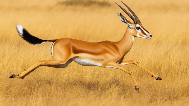 A springbok dashes across a sunlit golden landscape, embodying speed and vitality. Its elegant form is captured mid-stride, a testament to nature's dynamism.