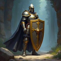 Armored Knight Standing Strong With Shield In Forest
