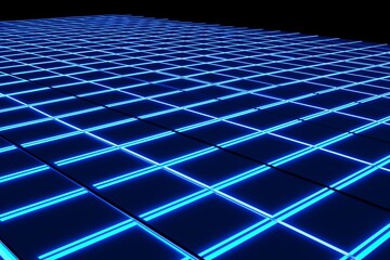 An endless futuristic grid composed of glowing blue neon squares, symbolizing innovation and...