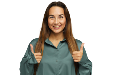 Cheerful woman giving thumbs up in casual outfit and smiling with long hair against white background