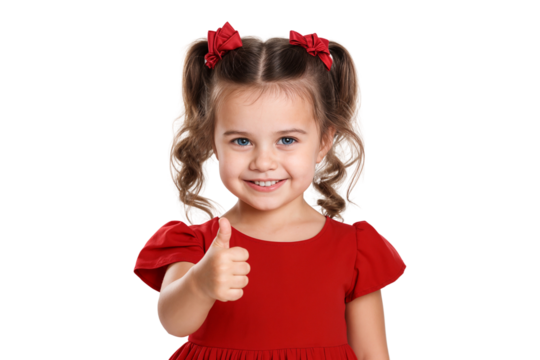 Portrait of a smiling little girl showing thumbs up and ok sign, isolated on transparent background