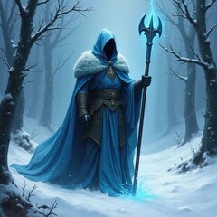 A Figure In A Hooded Cloak, Spear Raised, Surrounded By A Snowy Forest, Representing Mystery.
