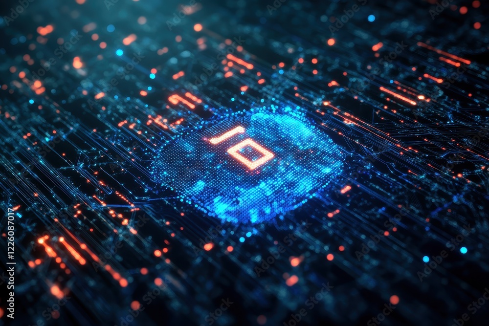 Poster digital matrix with glowing data flow and glitch effect representing technology landscape