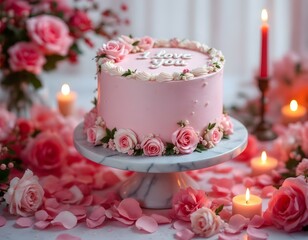 Naklejka premium Pastel Pink Icing Cake Decorated Delicate Roses Sugar Flowers Valentine's Day