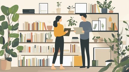 Couple discussing home decor in stylish living room with bookshelves and indoor plants, embracing the hostingcore concept