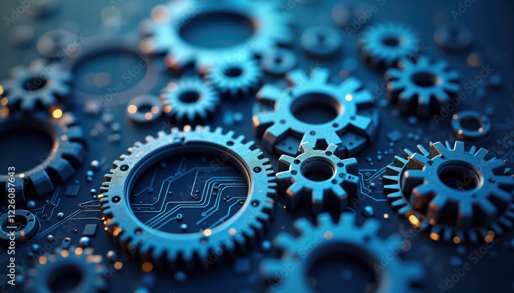 Leinwandbilder abstract illustration of gears, cogs connected with circuit board background. futuristic tech concep