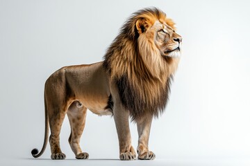 Obraz premium Majestic male lion stands tall, showcasing its powerful presence against a neutral backdrop.