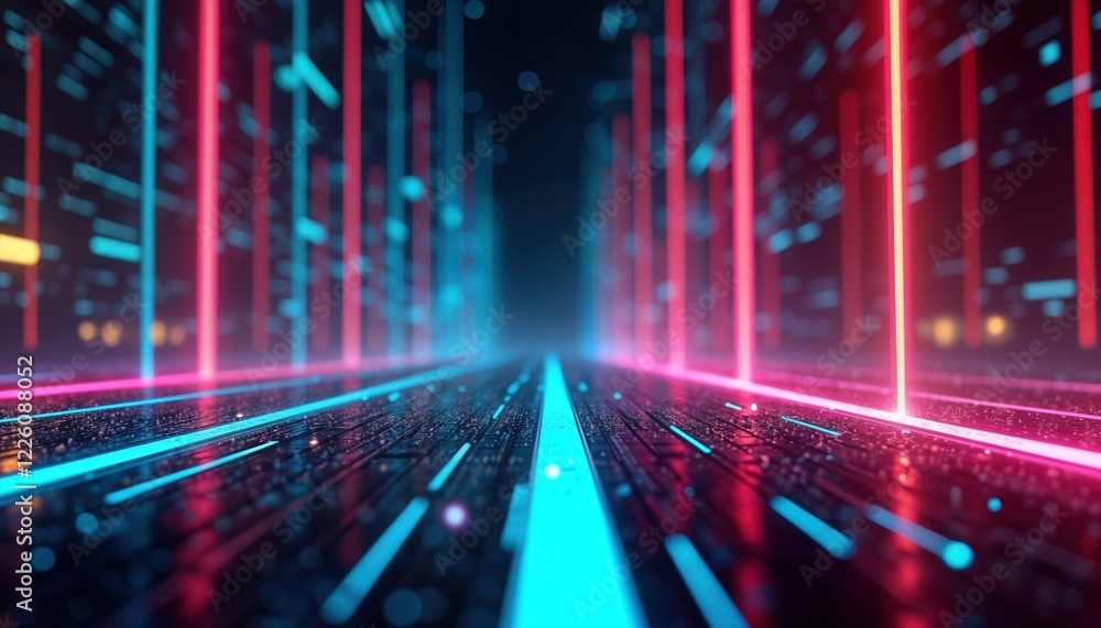 Aufkleber Neon glow multicolor laser beam lines pattern design creates futuristic tech background. Colorful lines, data flow in cyberspace. Abstract modern graphic design perfect for business, web, tech