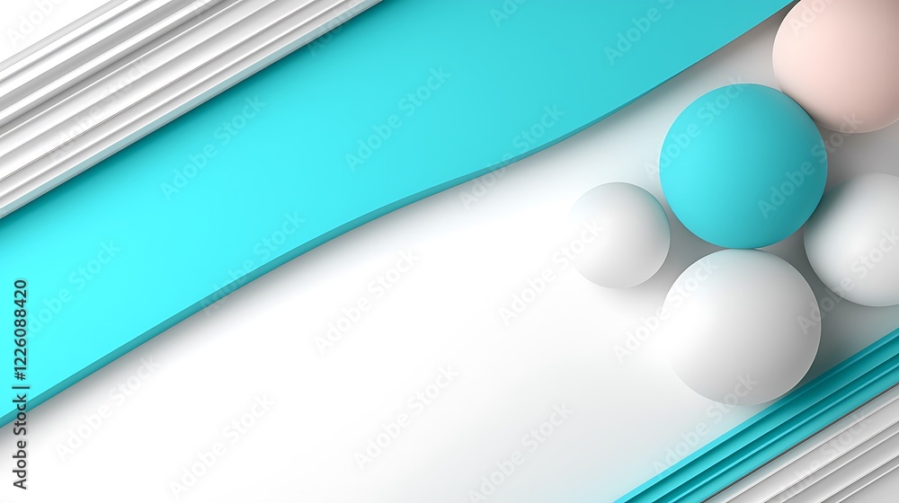Poster abstract 3d rendering of spheres and columns on a turquoise and white background.