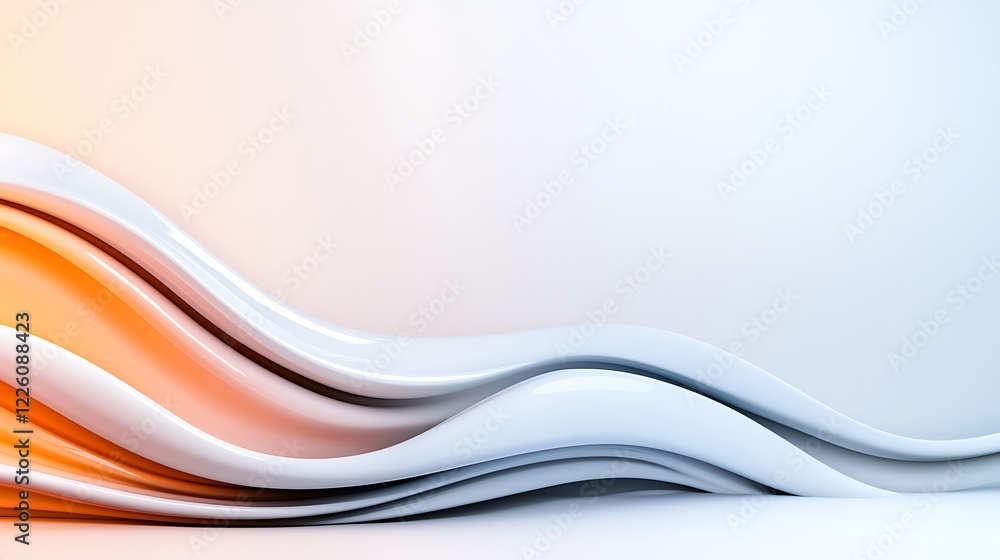 Poster abstract 3d rendering of flowing white and orange waves on a light background.