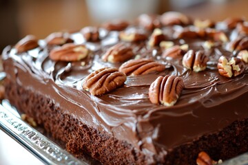 Indulgent chocolate cake topped with pecans, displayed on a silver tray in a cozy kitchen setting