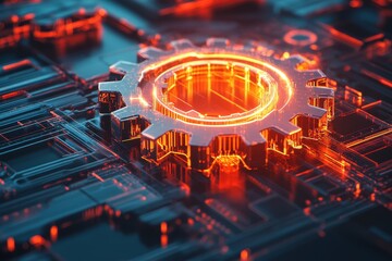 Glowing Gear Icon on a Circuit Board with Futuristic Technology Concept Background