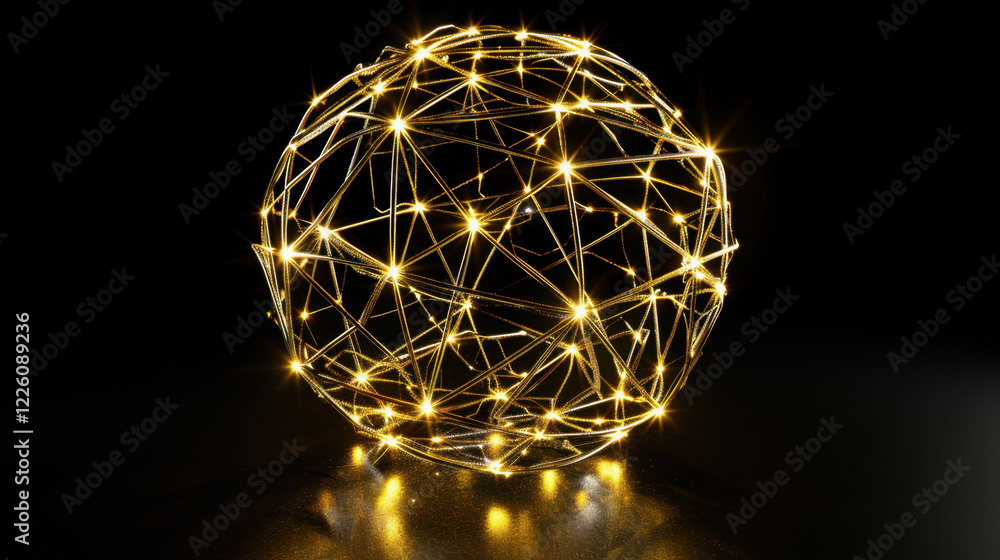 Poster glowing spherical structure made of interconnected lines and lights, creating mesmerizing visual eff
