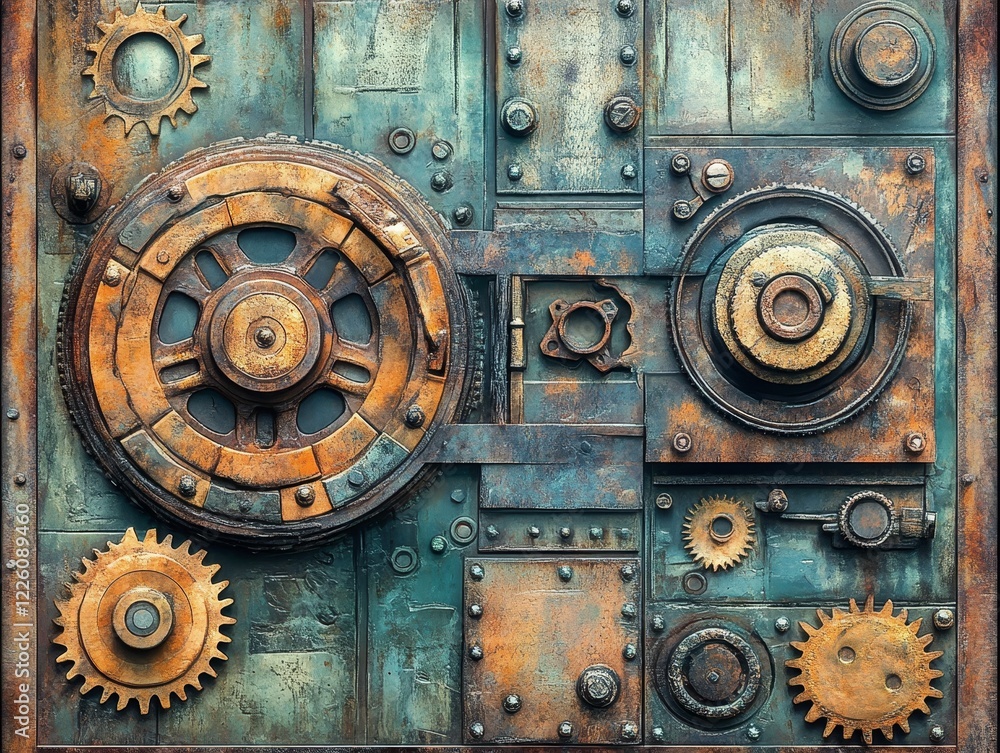 Aufkleber an elaborate steampunk-inspired machinery arrangement featuring rusted gears and cogs that intertwin