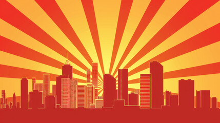 Obraz premium Sunset skyline with rays, featuring tall buildings and vibrant colors. warm hues create dynamic urban atmosphere, perfect for city themed projects