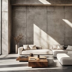 A modern minimalist living room with sleek furniture, light streaming on concrete walls, and a harmonious blend of natural and contemporary elements for stylish living.