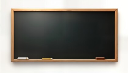 Empty school blackboard with wooden frame on white background. Chalk, eraser placed on lower edge. Classroom supplies ready for writing, learning. Back to school concept. Education, teaching tools