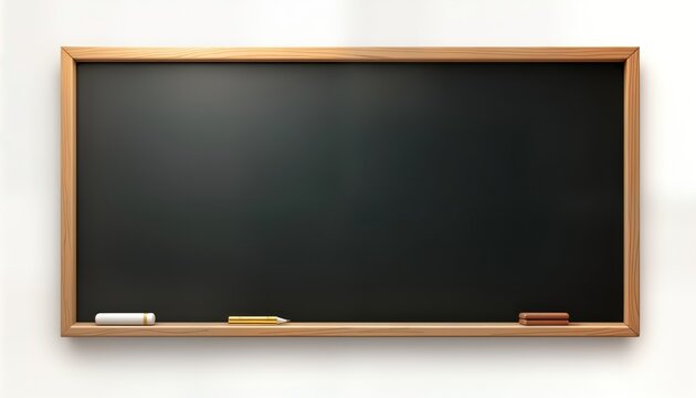 Empty school blackboard with wooden frame on white background. Chalk, eraser placed on lower edge. Classroom supplies ready for writing, learning. Back to school concept. Education, teaching tools