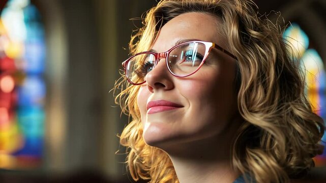Young blonde Caucasian Lesbian pastor wearing big pink glasses looking up optimistically at an Evangelical Lutheran or Episcopal church with stained glass windows in the background.