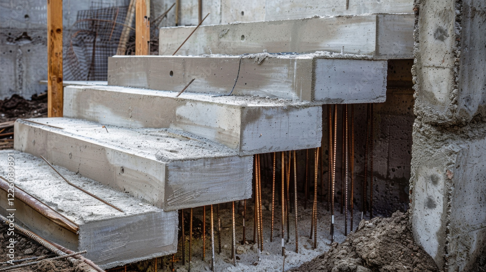 Poster concrete stairs under construction with exposed rebar and rough texture, showcasing building process