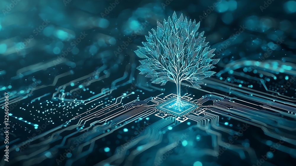 Poster digital tree growing from microchip in futuristic design